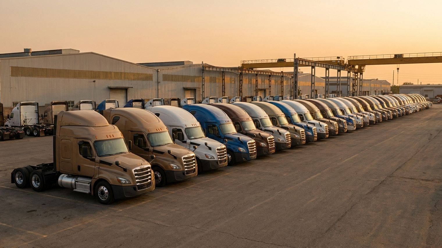 A long row of new Class 8 sleeper tractors in tan, white, blue and brown parked nose-out on asphalt outside a factory building at sunset.
