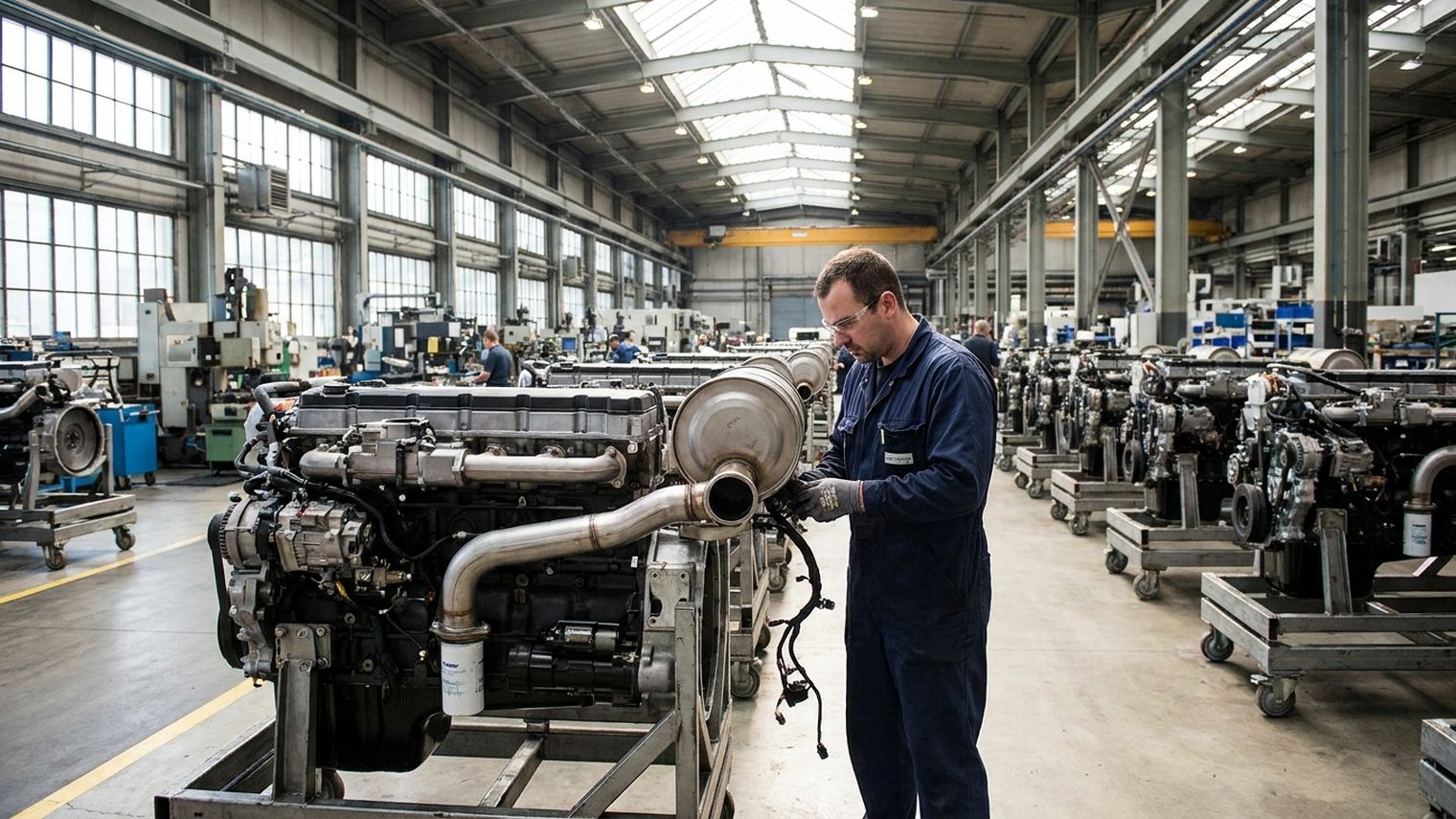A technician in blue coveralls and safety glasses inspects the exhaust aftertreatment canister on a heavy-duty diesel engine mounted on a rolling stand, with rows of similar engines lining a bright assembly hall behind him.