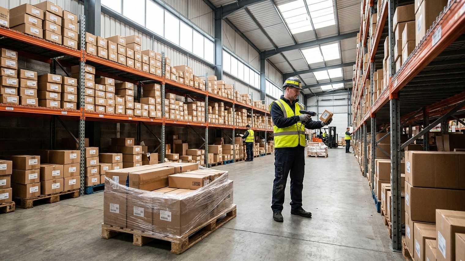 A worker in a hi-vis vest scans a small boxed part beside a shrink-wrapped pallet in a warehouse aisle lined with racks of cartoned truck parts.