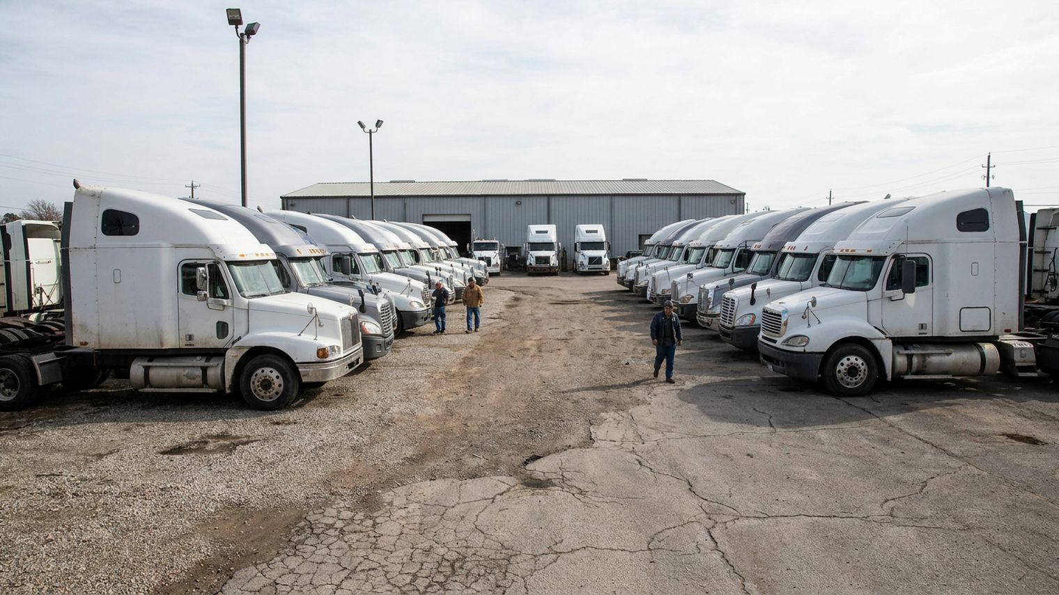 Two long rows of white Class 8 sleeper tractors parked nose-in on a gravel and asphalt dealer lot, with three people walking between them toward a grey metal warehouse.