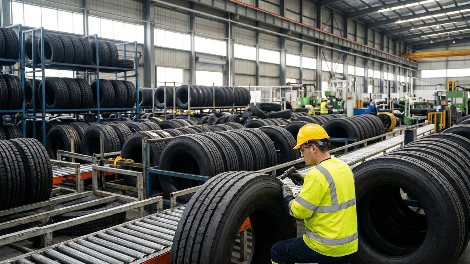 A worker in a high-visibility vest and hard hat inspects the tread of a new heavy-duty truck tire on a conveyor inside a tire plant, with rows of finished truck tires stacked on racks behind him.