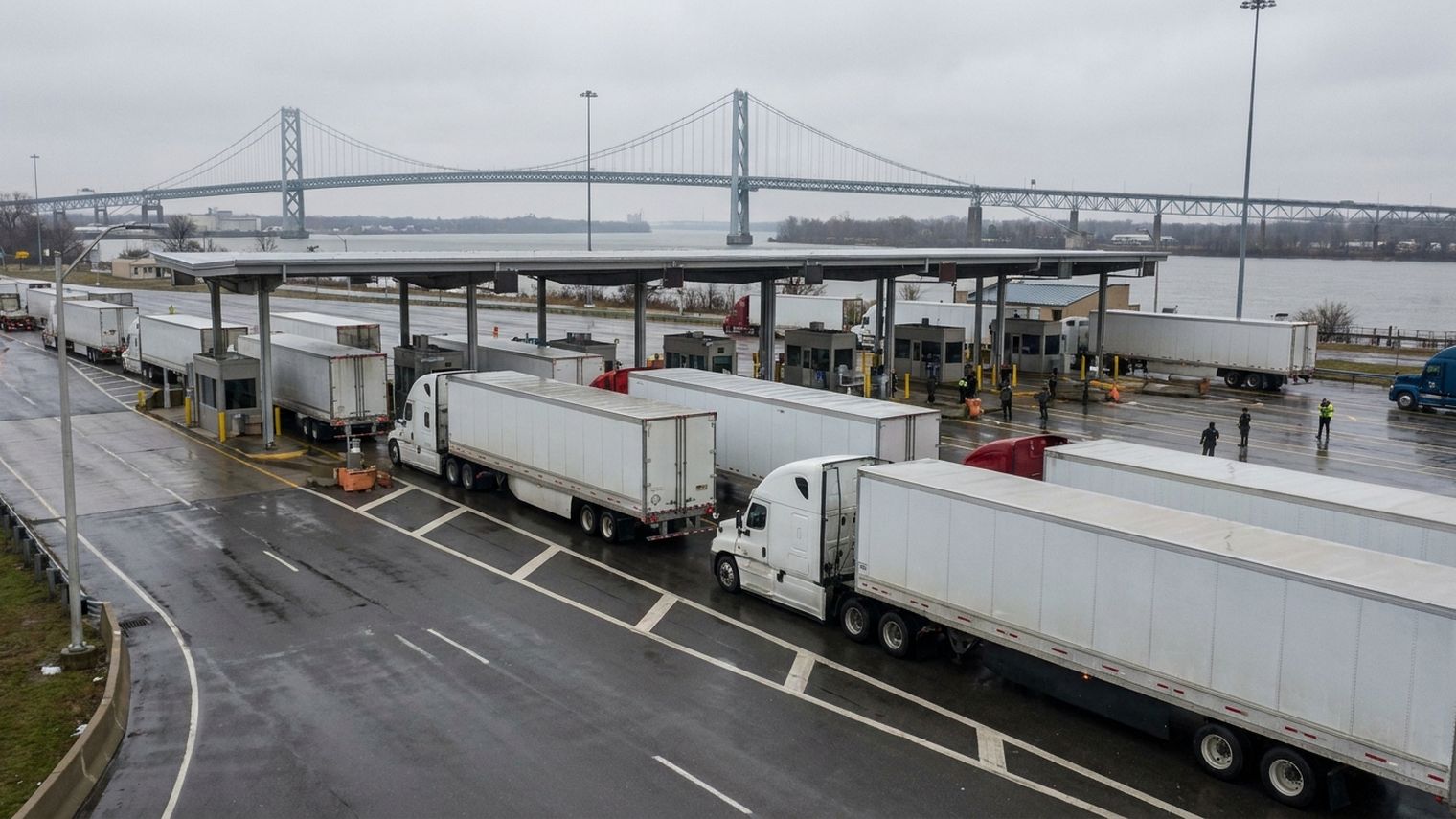 A line of loaded tractor-trailers waits under the canopies of a commercial border crossing on a wet, overcast day, with a suspension bridge spanning the river behind them.