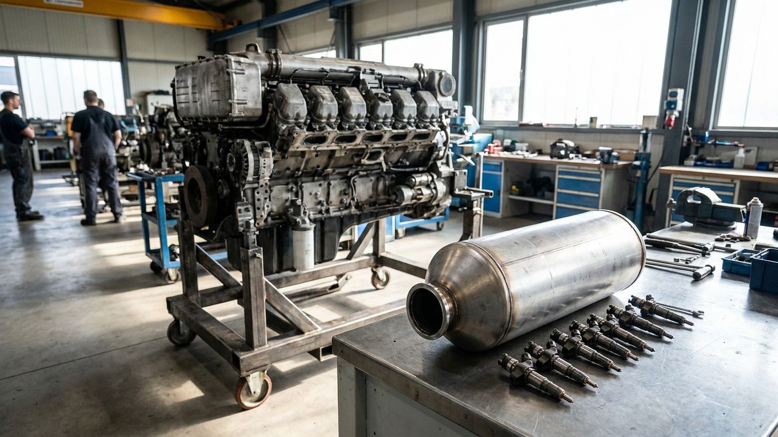 A large diesel truck engine on a wheeled service stand in a workshop, with a stainless steel aftertreatment canister and a row of fuel injectors laid out on a steel workbench in the foreground.