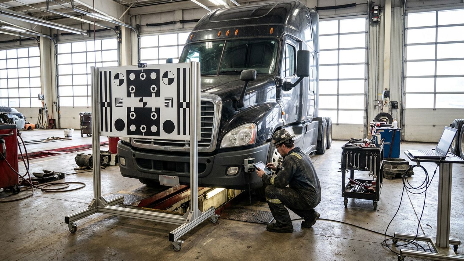 A technician crouches at the front bumper of a Class 8 sleeper tractor on a shop alignment rack, holding a diagnostic tablet beside a sensor while a black-and-white calibration target stands on a wheeled frame in front of the truck.
