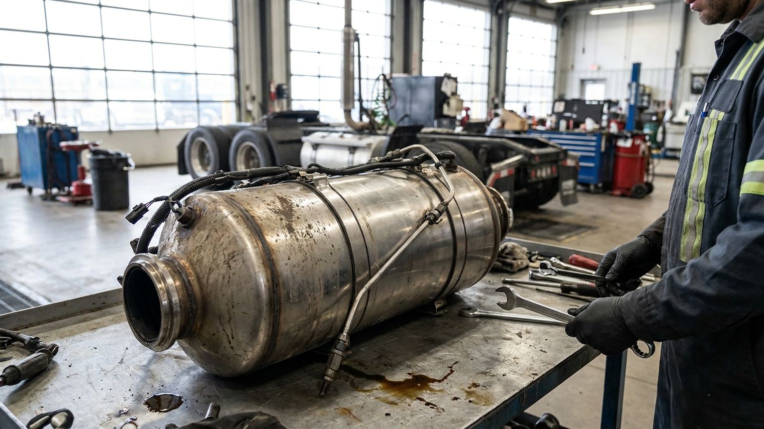 A stainless steel diesel particulate filter and SCR catalyst assembly rests on a workbench in a truck service bay while a technician in gloves reaches for tools beside it.