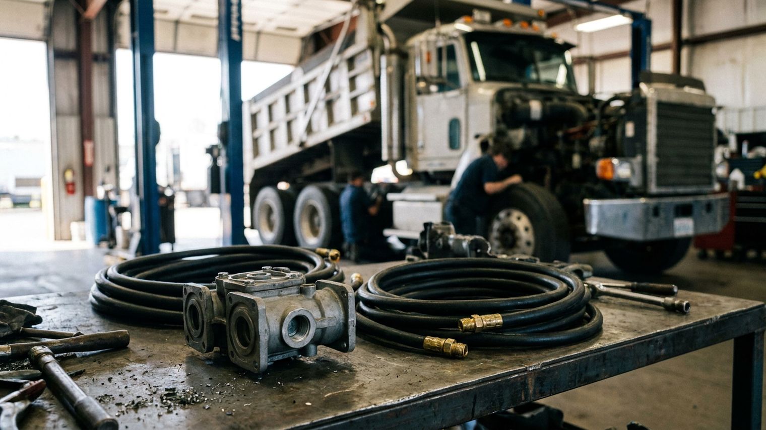 An air brake relay valve and two coils of rubber air brake hose with brass fittings sit on a steel workbench in a truck service bay, with a vocational dump truck raised on a lift behind them.