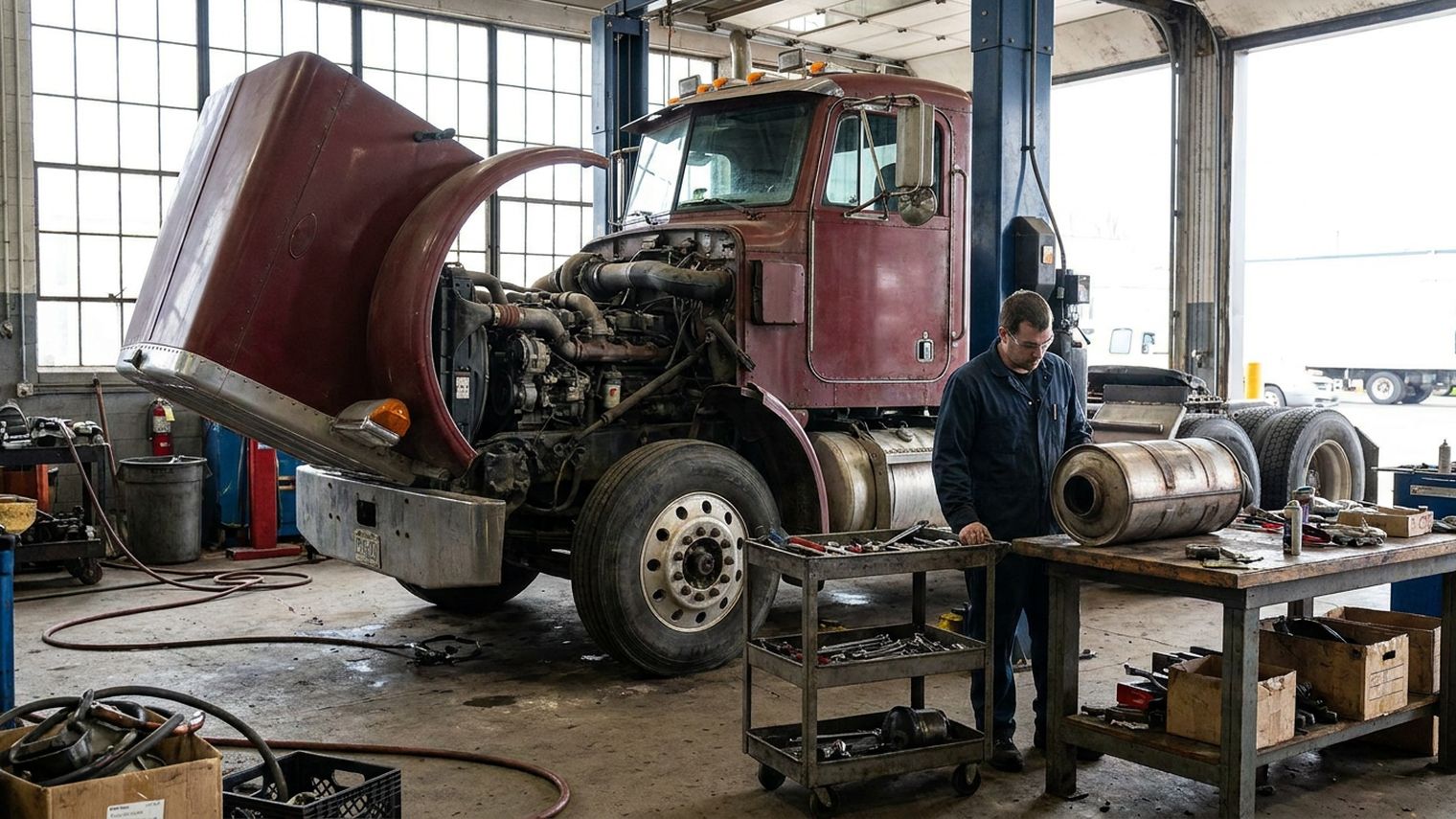 A technician in blue coveralls stands at a workbench holding a removed exhaust aftertreatment canister beside an older Class 8 tractor with its hood tilted forward, exposing the inline-six diesel engine in a fleet maintenance bay.