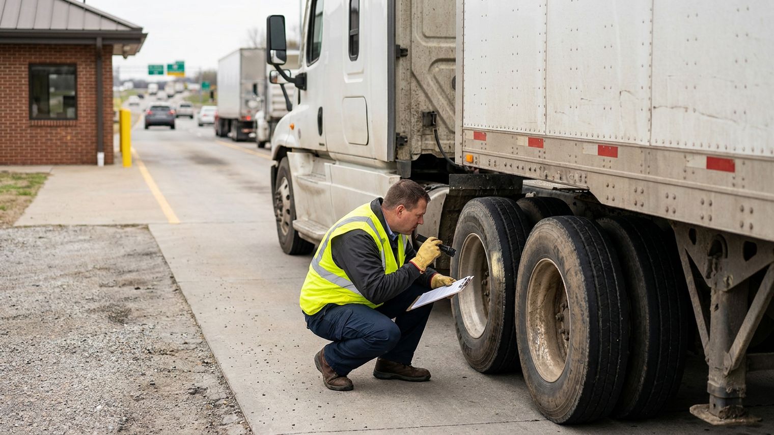 A safety inspector in a high-visibility vest crouches with a flashlight beside the rear tandem tires of a white semi-trailer at a highway inspection station.