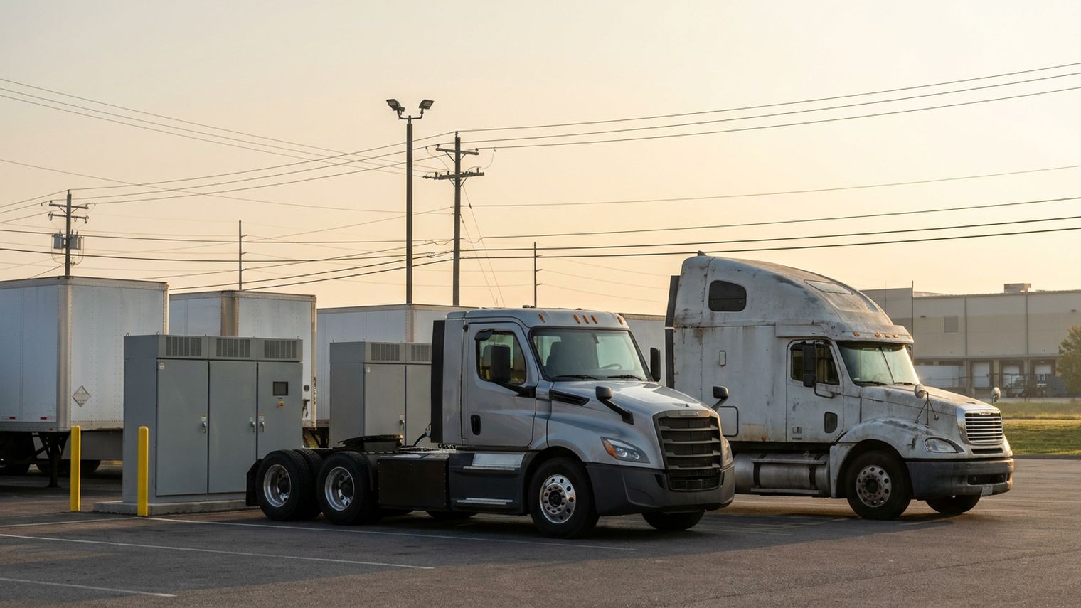A day-cab Class 8 tractor parked beside an older sleeper-cab tractor in a fleet yard at sunrise, with grey electrical cabinets, dry van trailers and overhead power lines behind them.