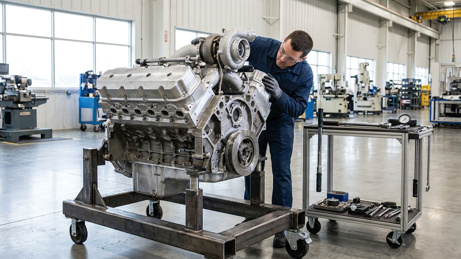 A technician in safety glasses inspects the turbocharger on a large diesel V8 engine mounted to a steel stand in a bright industrial engine plant, with a tool cart alongside.