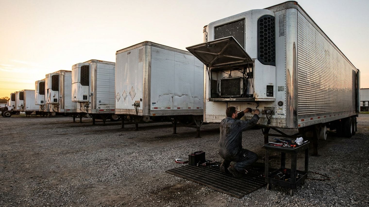 A technician in coveralls kneels at the front of a weathered refrigerated semi-trailer with the reefer unit's access door swung open and a tool cart beside him, a line of older reefer trailers parked behind in a gravel yard at dusk.