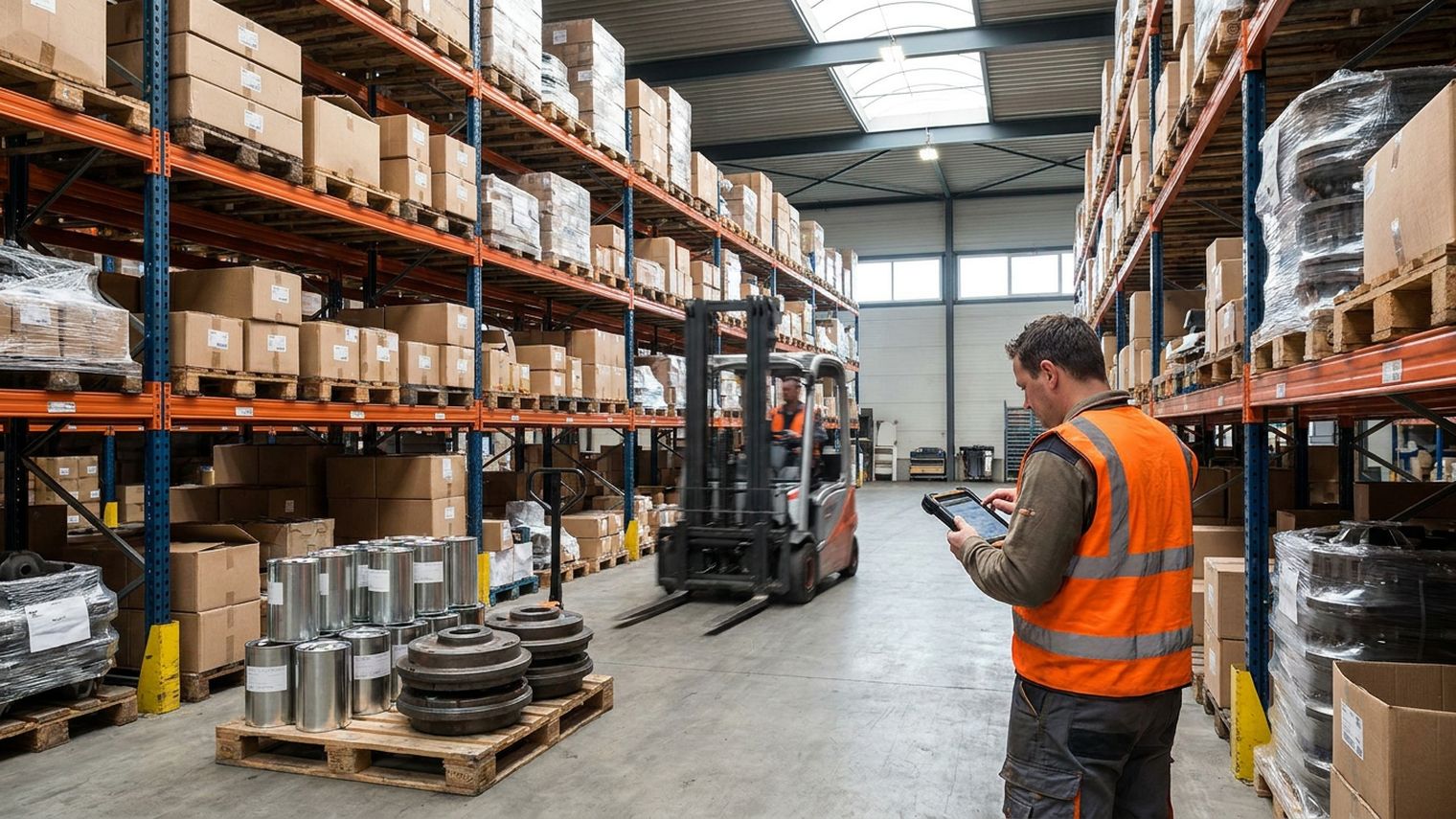 A warehouse worker in a hi-vis vest reads a handheld tablet in a parts distribution aisle, beside a pallet of oil filters and brake drums, as a forklift passes racks of boxed components.