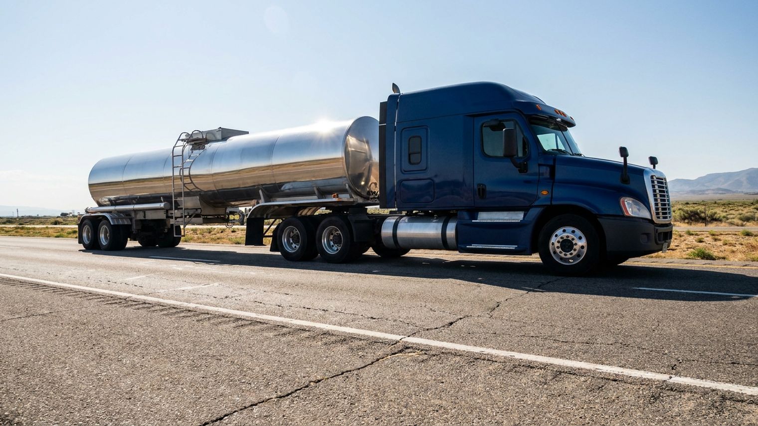 A dark blue Class 8 sleeper tractor hauls a polished stainless-steel smoothbore tanker trailer along a sunlit interstate through dry open country.