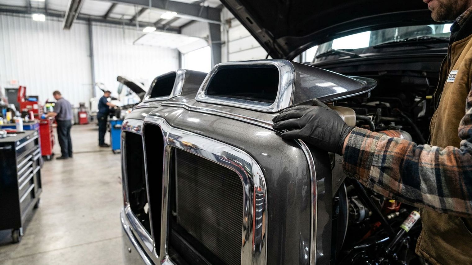 A technician in work gloves checks the chrome trim along the edge of a tilted-forward Class 8 truck hood with twin air intake openings, inside a service bay.