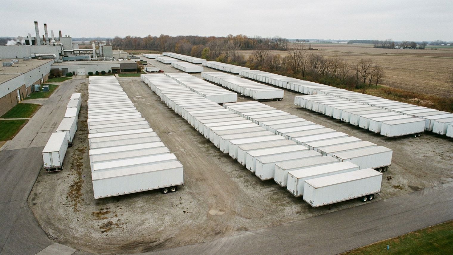 Dozens of white dry van semi-trailers parked in long rows on a gravel lot beside an industrial plant, with bare trees and harvested farmland under an overcast sky.