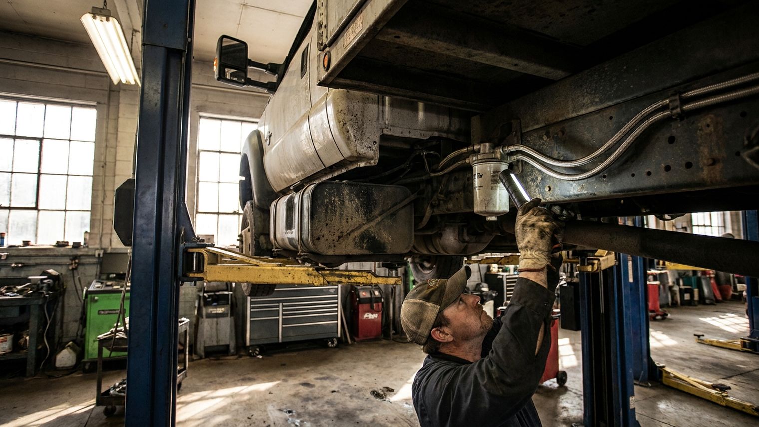 A technician in a baseball cap and work gloves reaches up toward a fuel filter canister and braided fuel hose running along the frame rail of a medium-duty truck raised on a two-post lift in a service bay.